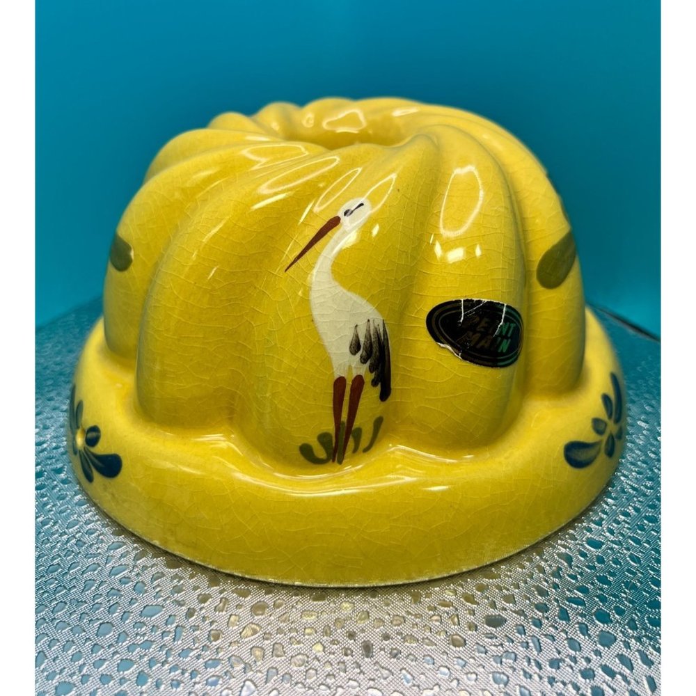 French Hand Painted Ceramic Kugelhopf Mold Brioche Bundt Vintage Baking Gift